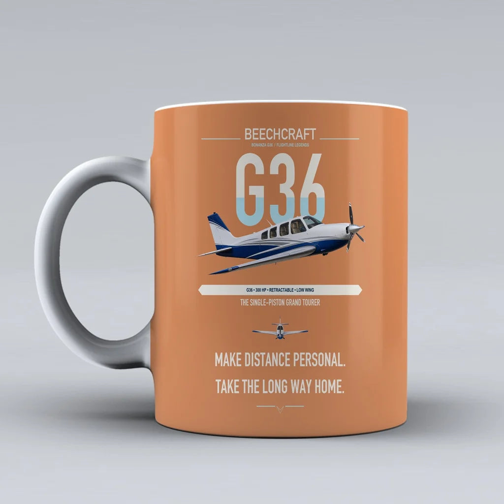 Beechcraft Bonanza G36 design on orange ceramic mug, double-side print