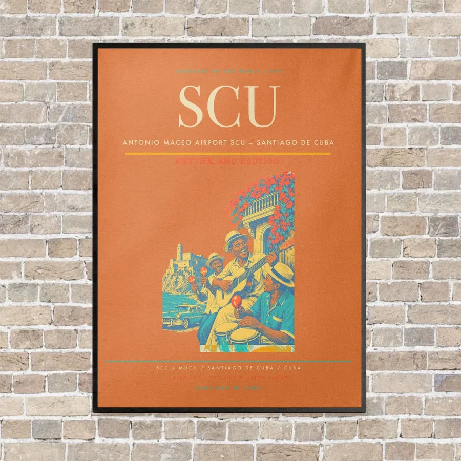 Antonio Maceo Airport SCU — Santiago de Cuba vertical canvas print - framed - orange background