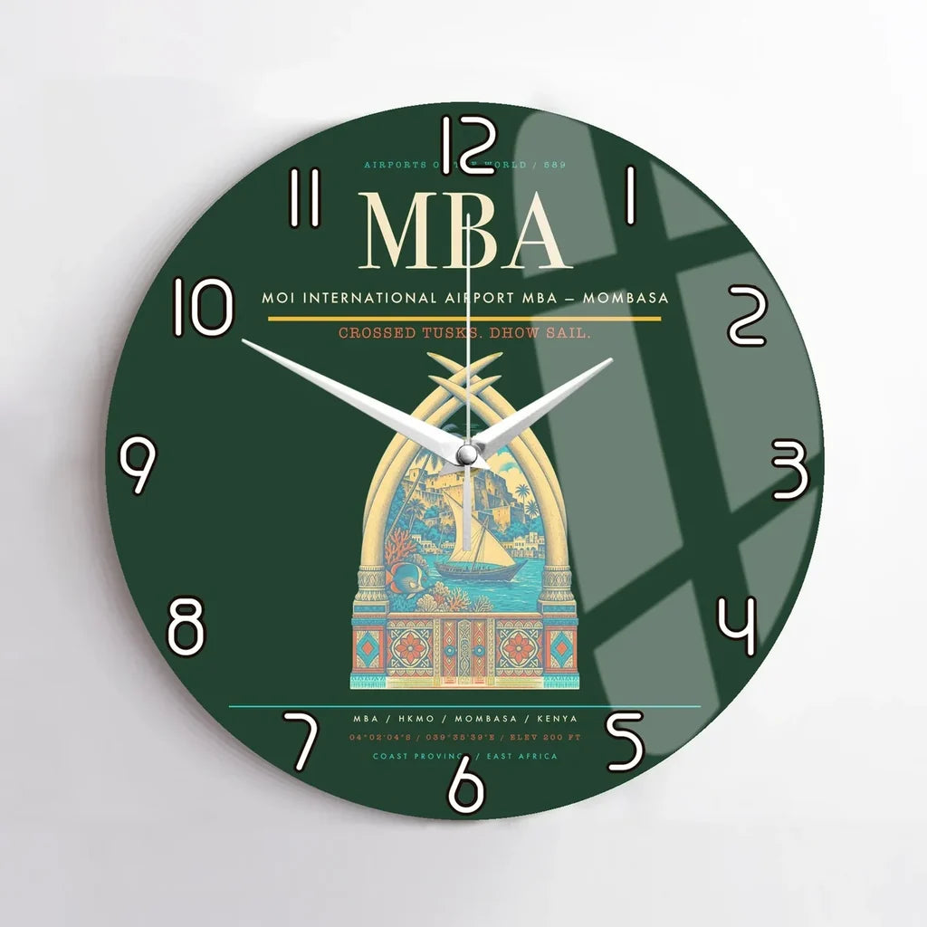 Moi International Airport (MBA) design on dark green no frame wall clock