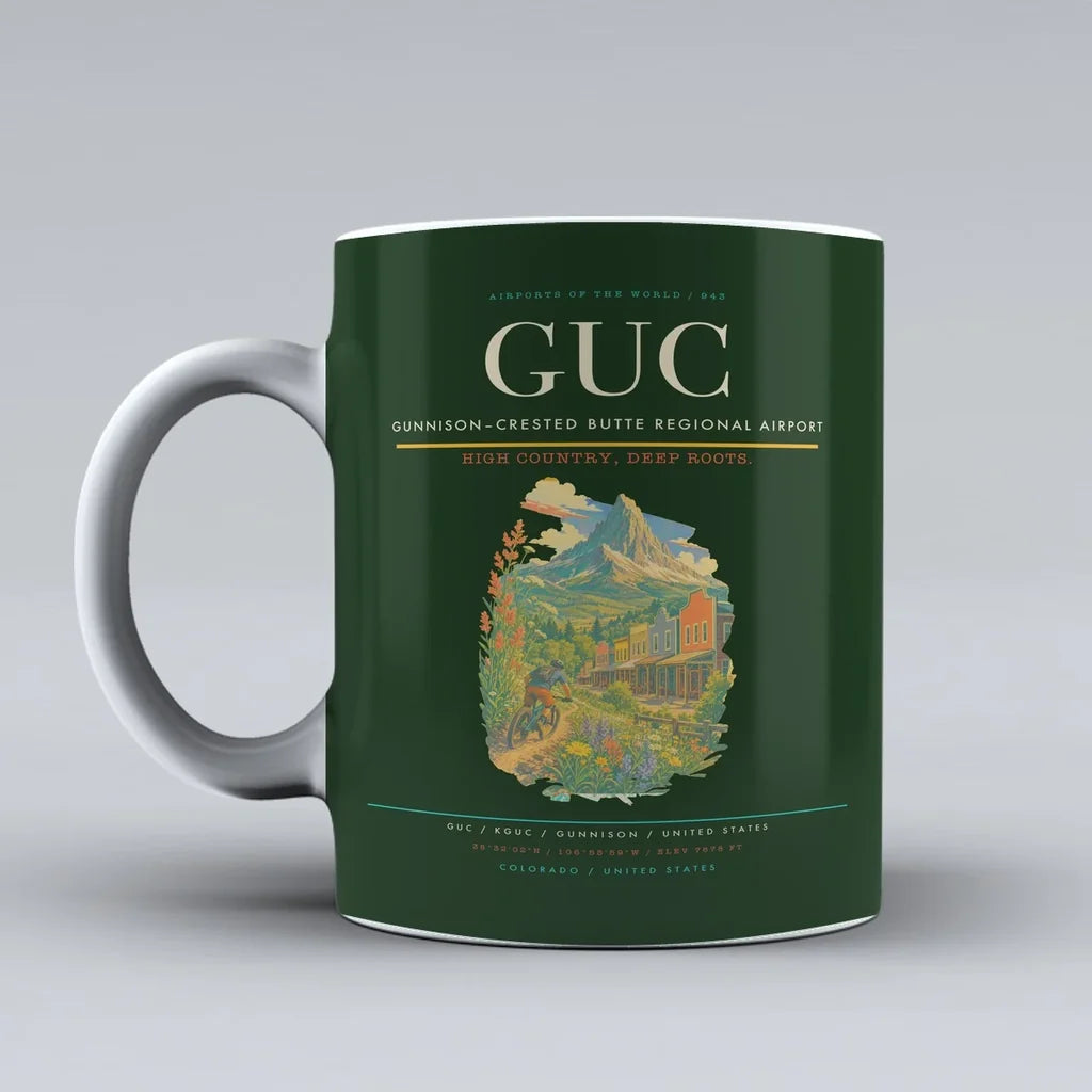 Gunnison–Crested Butte Regional Airport (GUC) airport code design on dark green ceramic mug