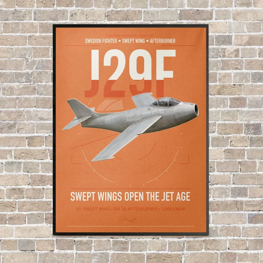 Saab J 29F Tunnan vertical canvas print - framed - orange background