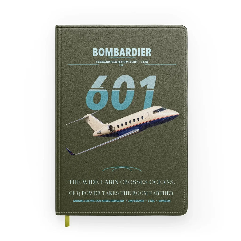 Bombardier Challenger 601 design on green army notebook