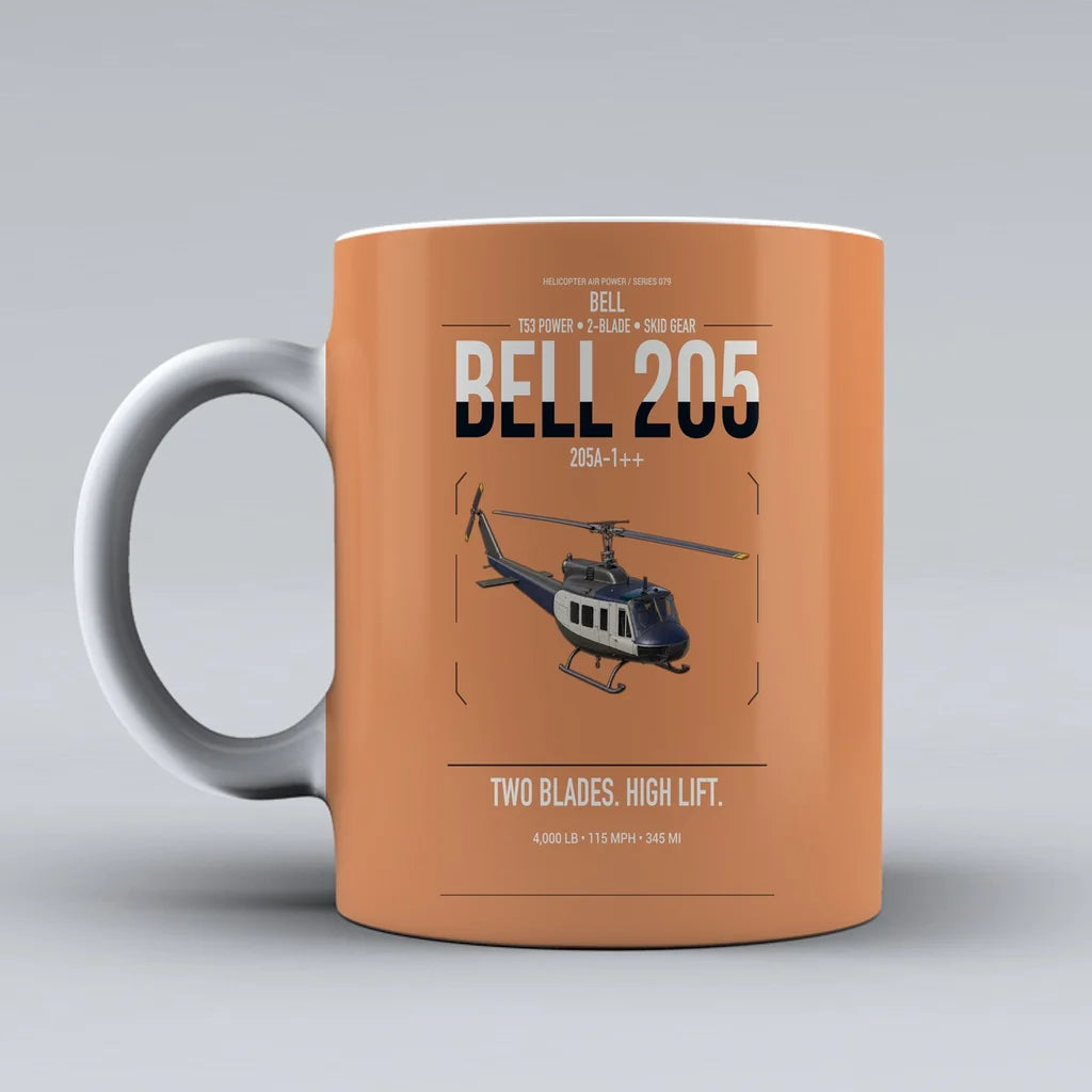 Bell 205A-1++ design on orange ceramic mug, double-side print