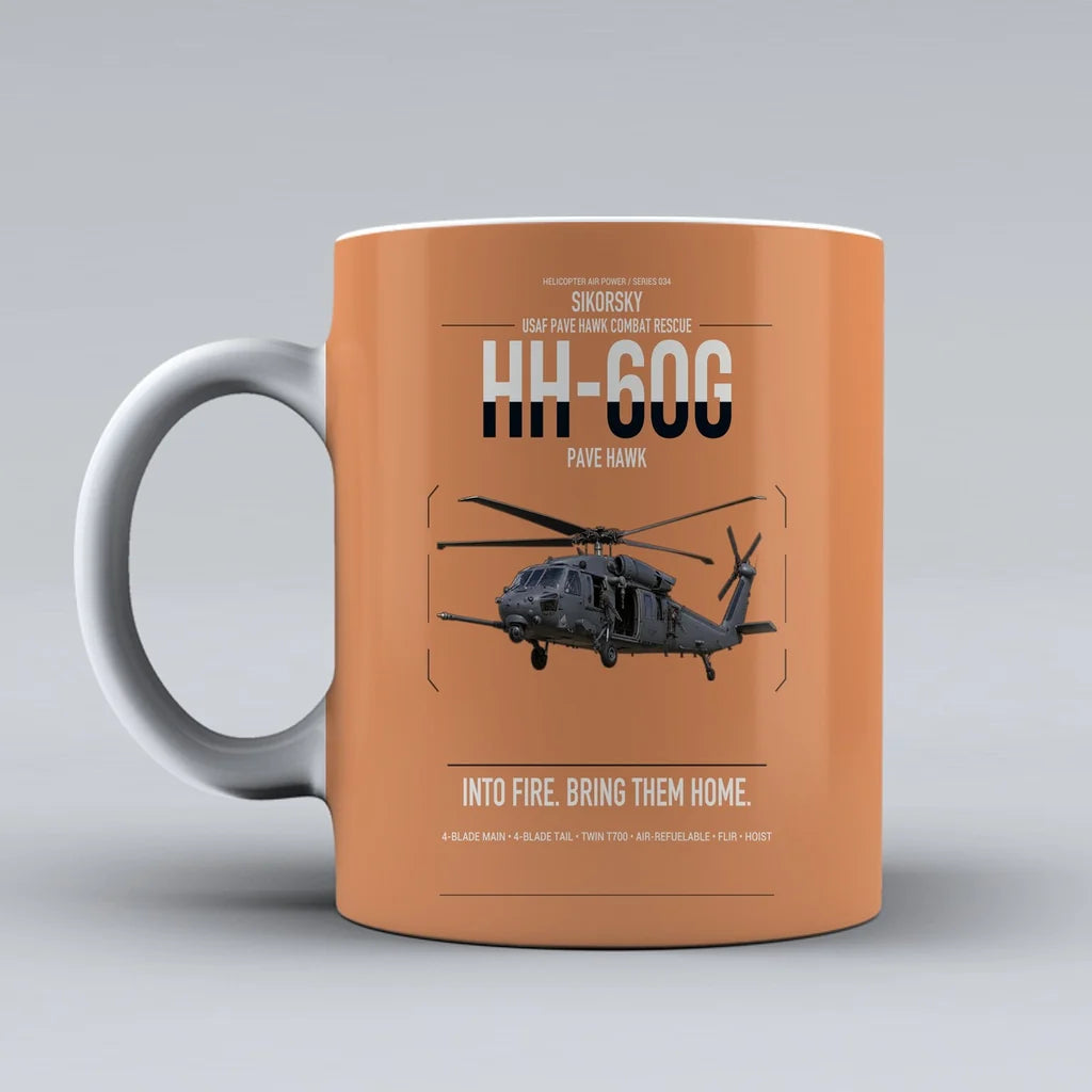 Sikorsky HH-60G Pave Hawk design on orange ceramic mug, double-side print