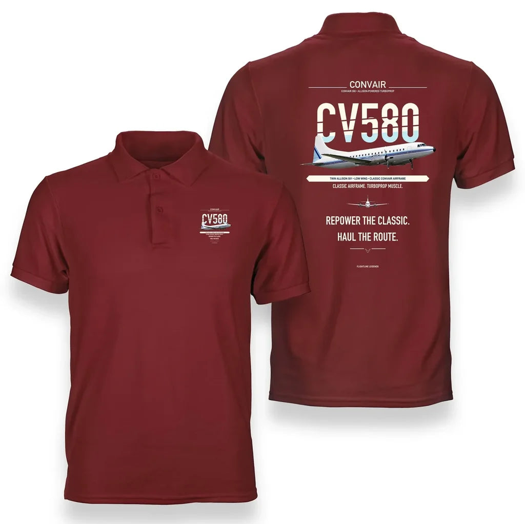 Convair 580 design on red polo