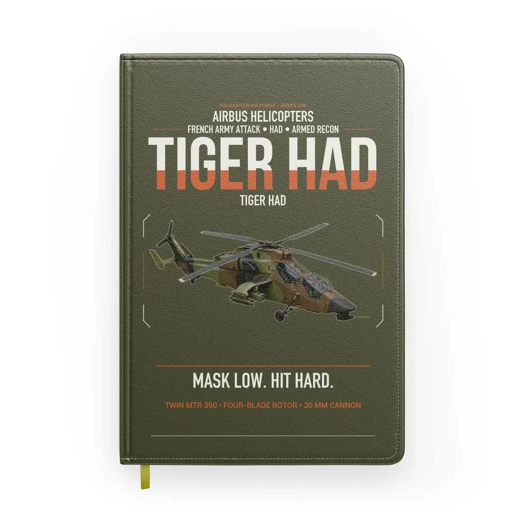 Airbus Helicopters Tiger HAD design on green army notebook