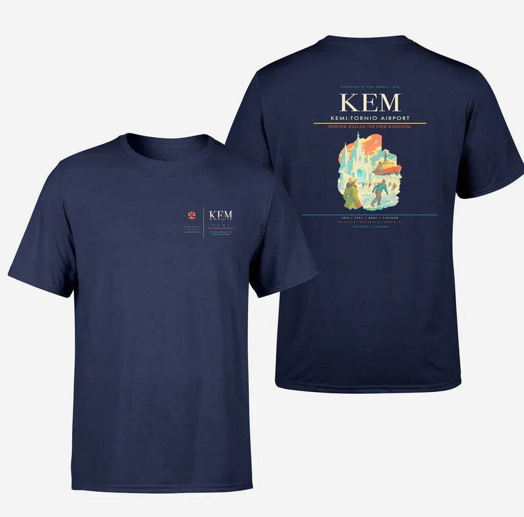 Kemi-Tornio Airport (KEM) design printed on navy blue double-side t-shirt