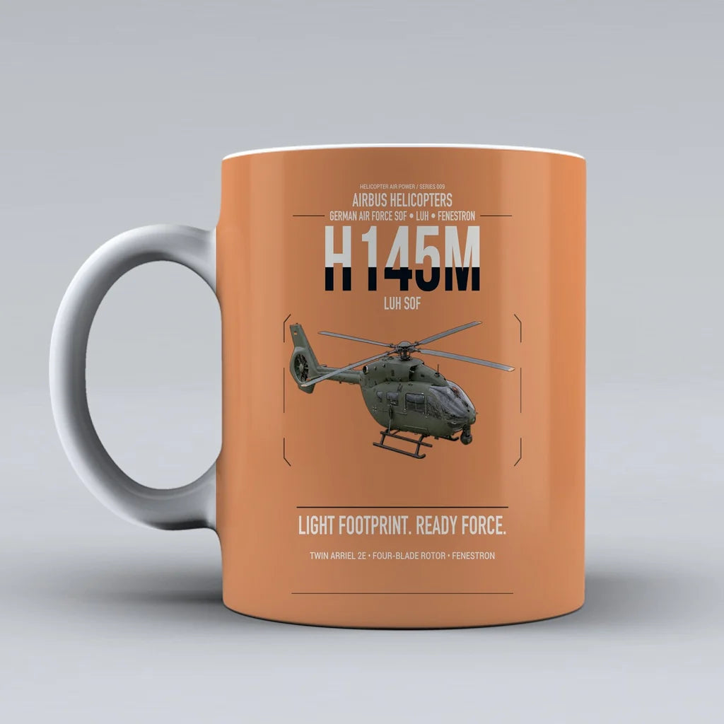 Airbus Helicopters H145M LUH SOF design on orange ceramic mug, double-side print