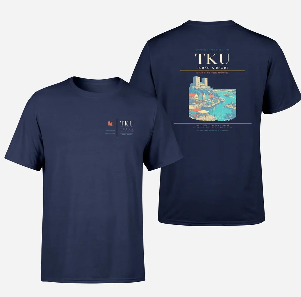 Turku Airport (TKU) design printed on navy blue double-side t-shirt