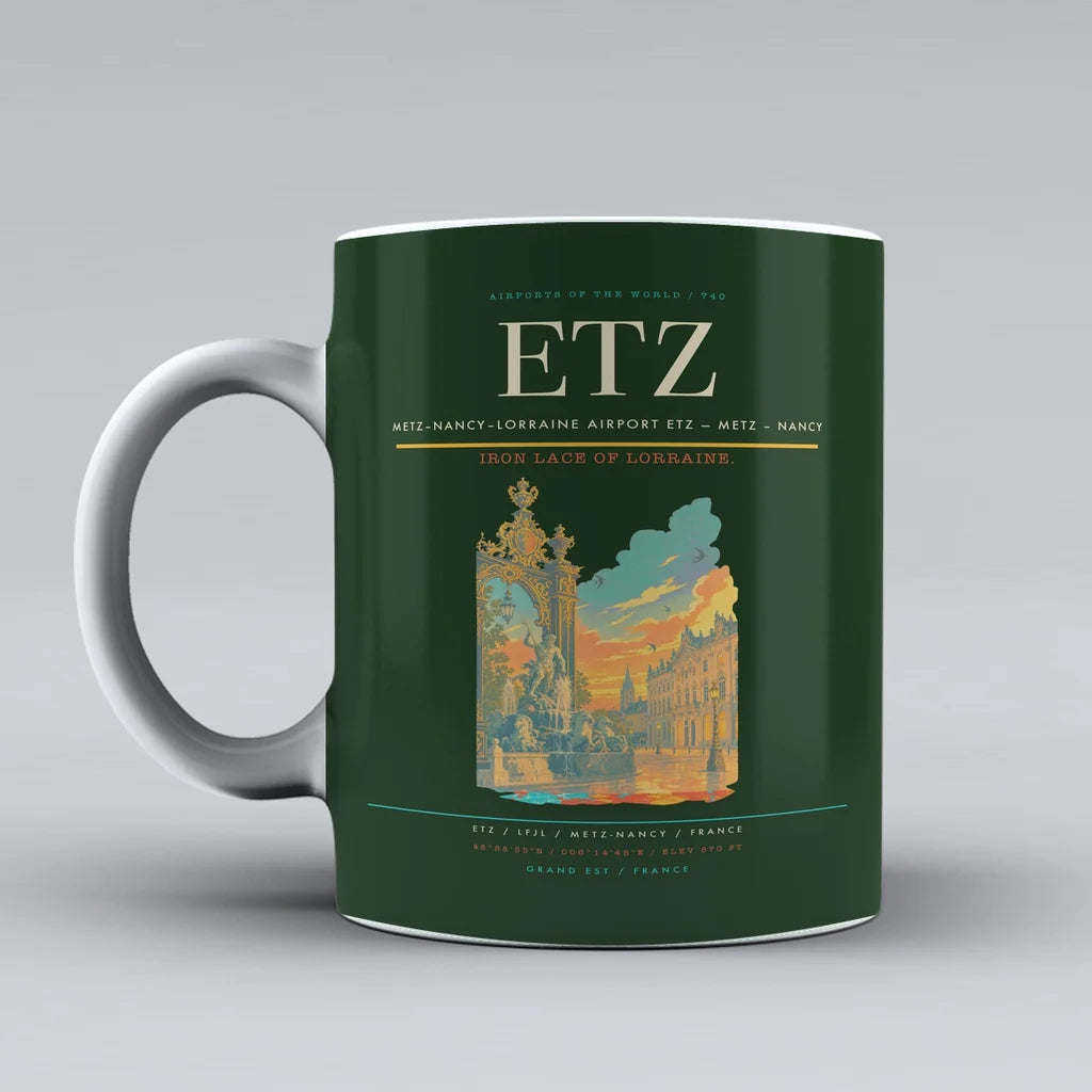 Metz–Nancy–Lorraine Airport (ETZ) airport code design on dark green ceramic mug