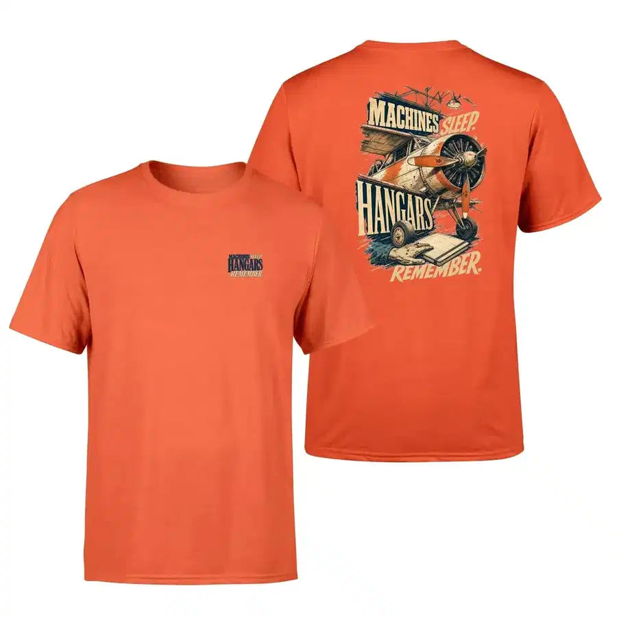 SIGNAL 653 - Machines Sleep. Hangars Remember. - Double-Side T-Shirt design on orange double side t shirt