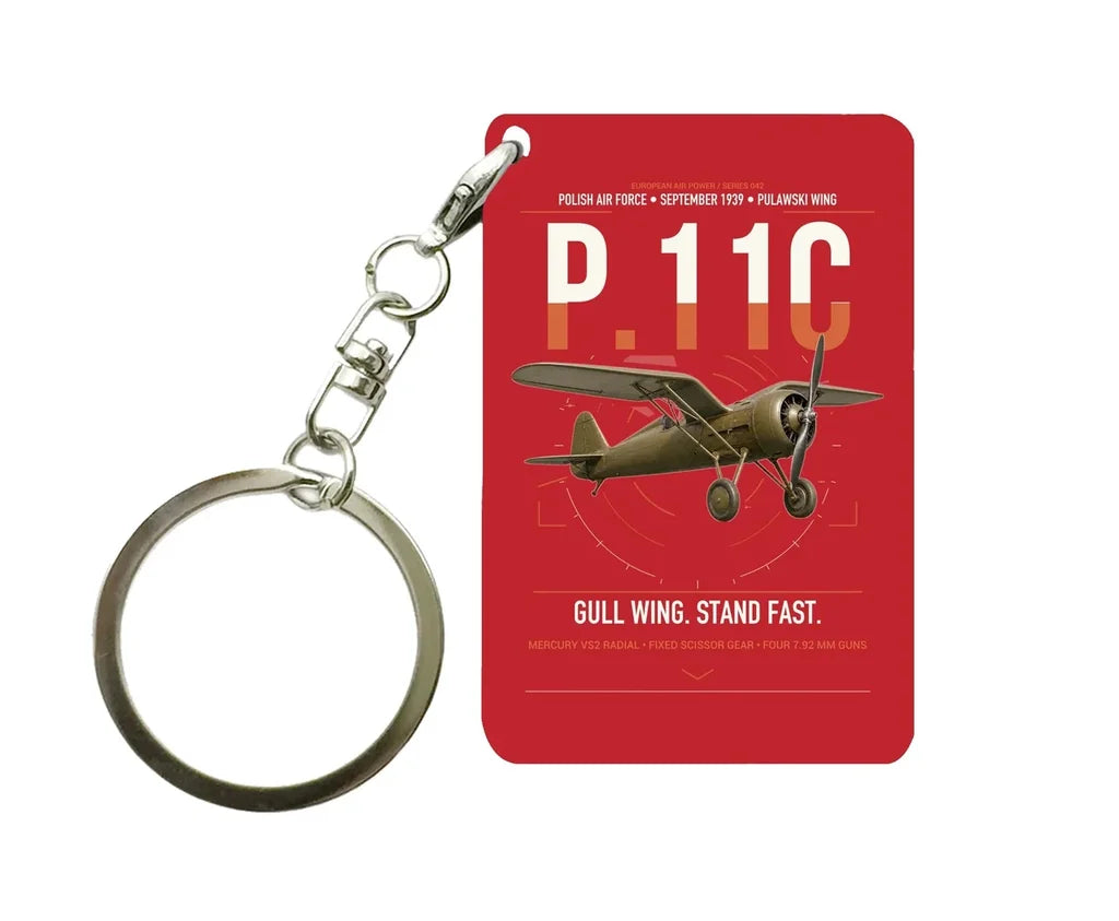PZL P.11c design on red designed key chain, double-side print