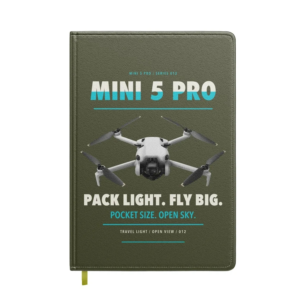 DJI Mini 5 Pro design on green army notebook