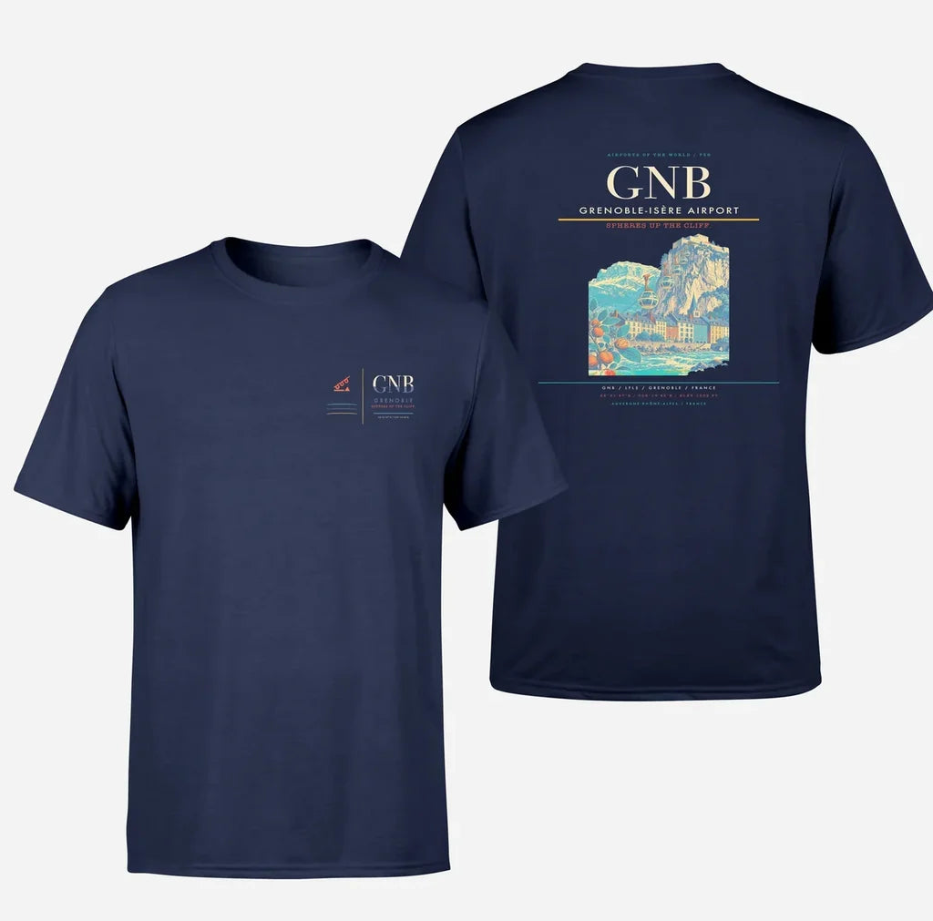 Grenoble-Isère Airport (GNB) design printed on navy blue double-side t-shirt