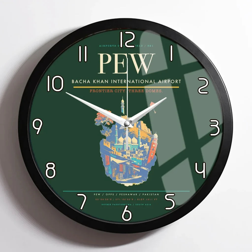 Bacha Khan International Airport PEW Wall-Clock Framed - Dark Green