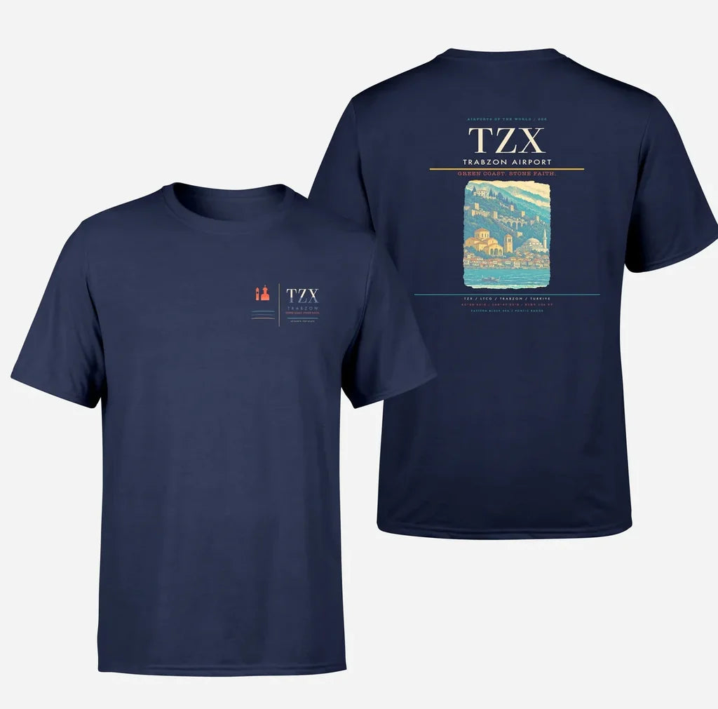 Trabzon Airport (TZX) design printed on navy blue double-side t-shirt