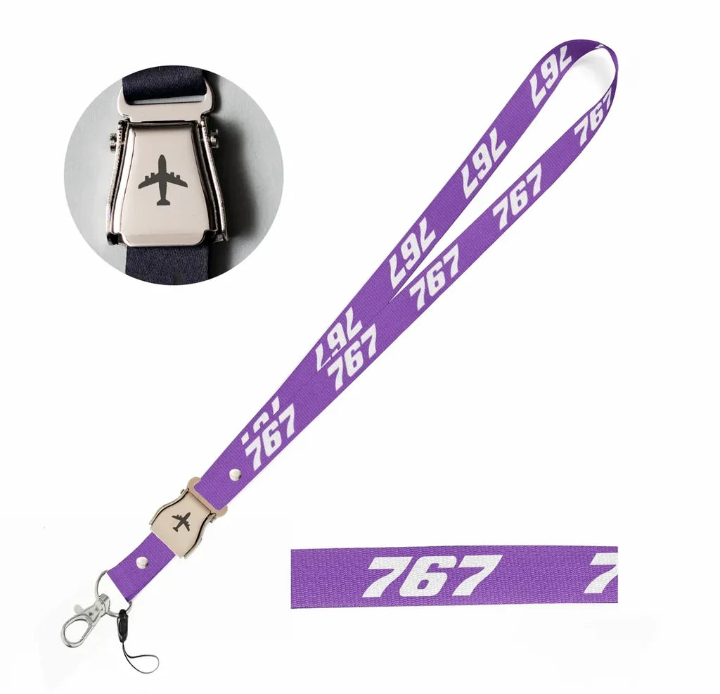 Boeing 767 Flat Text seat belt lanyard - purple