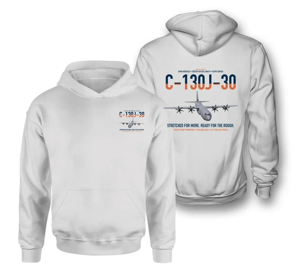 C-130J-30 Super Hercules design on white double-side hoodie, double-side print