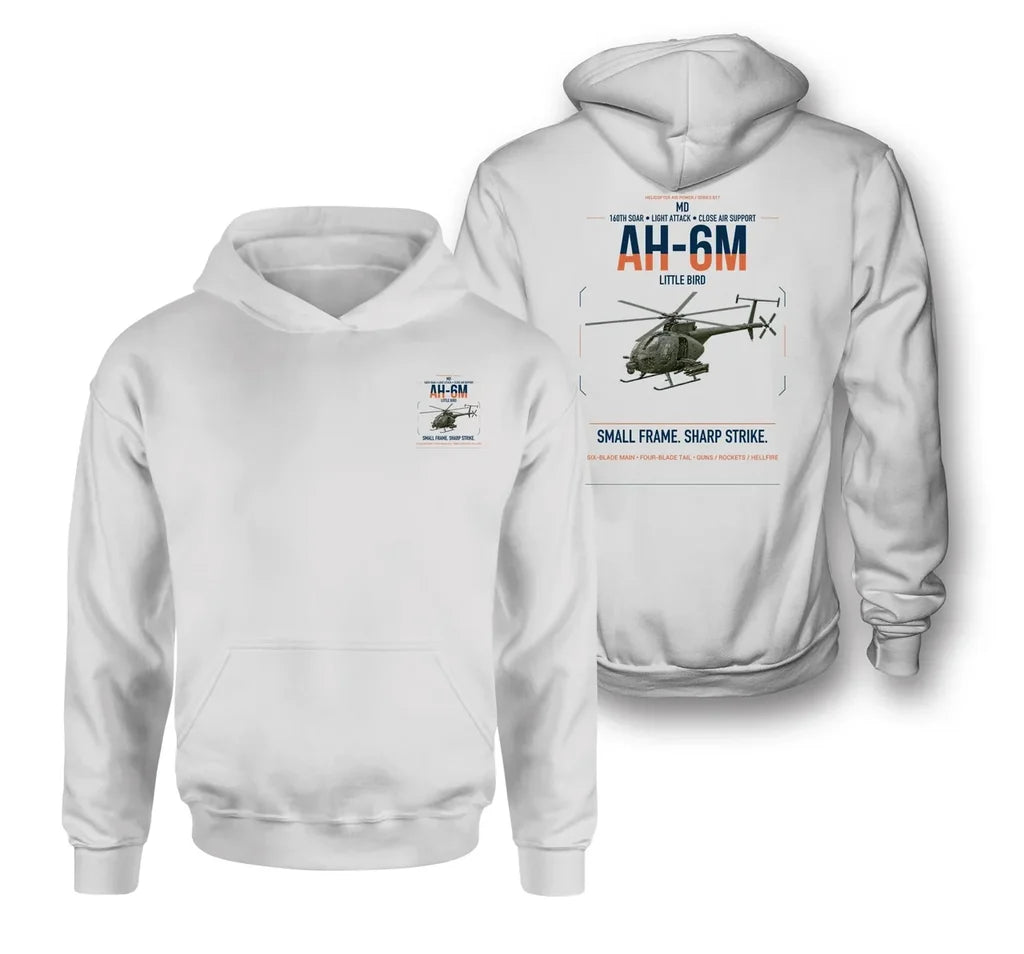 MD AH-6M Little Bird design on white double-side hoodie, double-side print