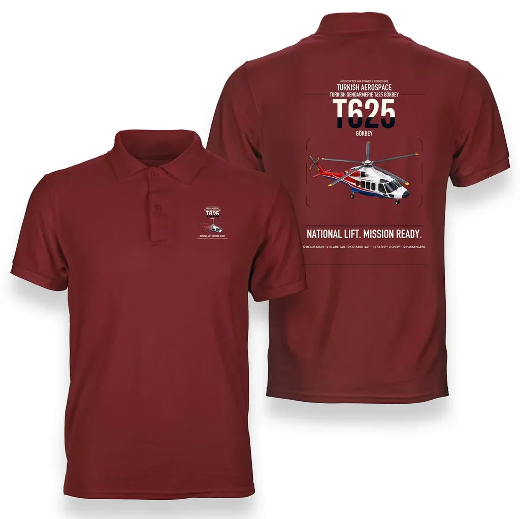 Turkish Aerospace T625 Gökbey design on red double-side polo t-shirt, double-side print