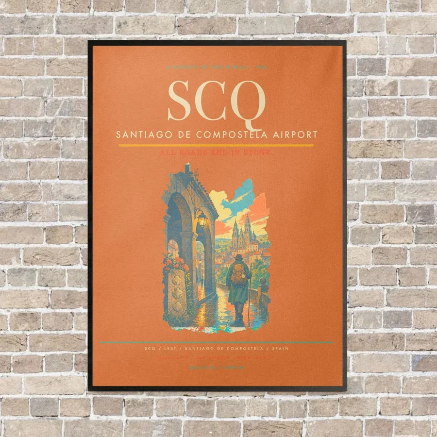 Santiago de Compostela Airport SCQ vertical canvas print - framed - orange background