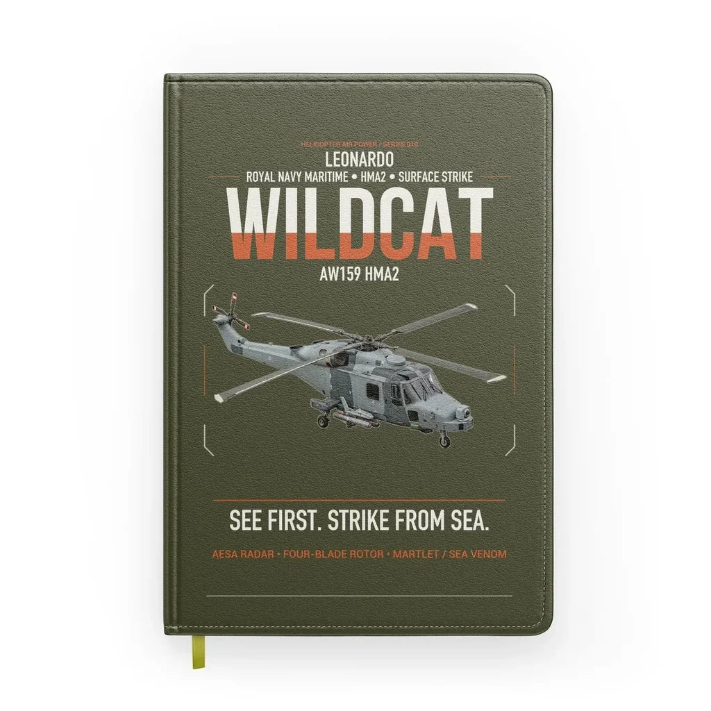 Leonardo AW159 Wildcat HMA2 design on green army notebook