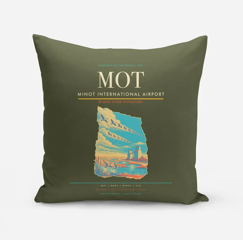 Minot International Airport (MOT) design on green army pillow