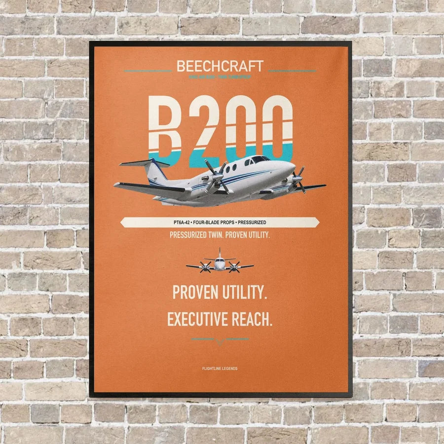 Beechcraft King Air B200 vertical canvas print - framed - orange background