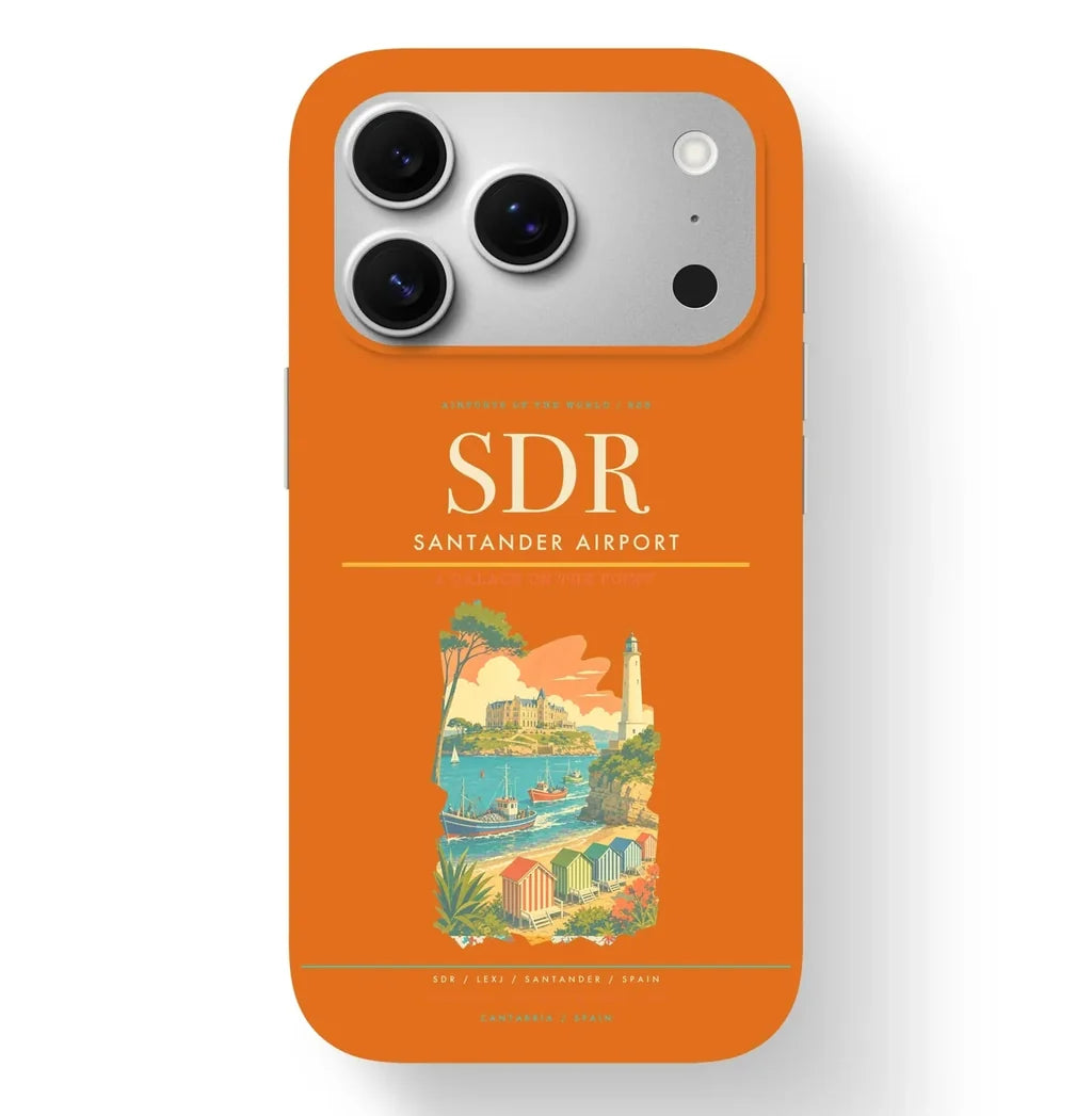 Santander Airport (SDR) design on orange iPhone 17 Pro MagSafe case