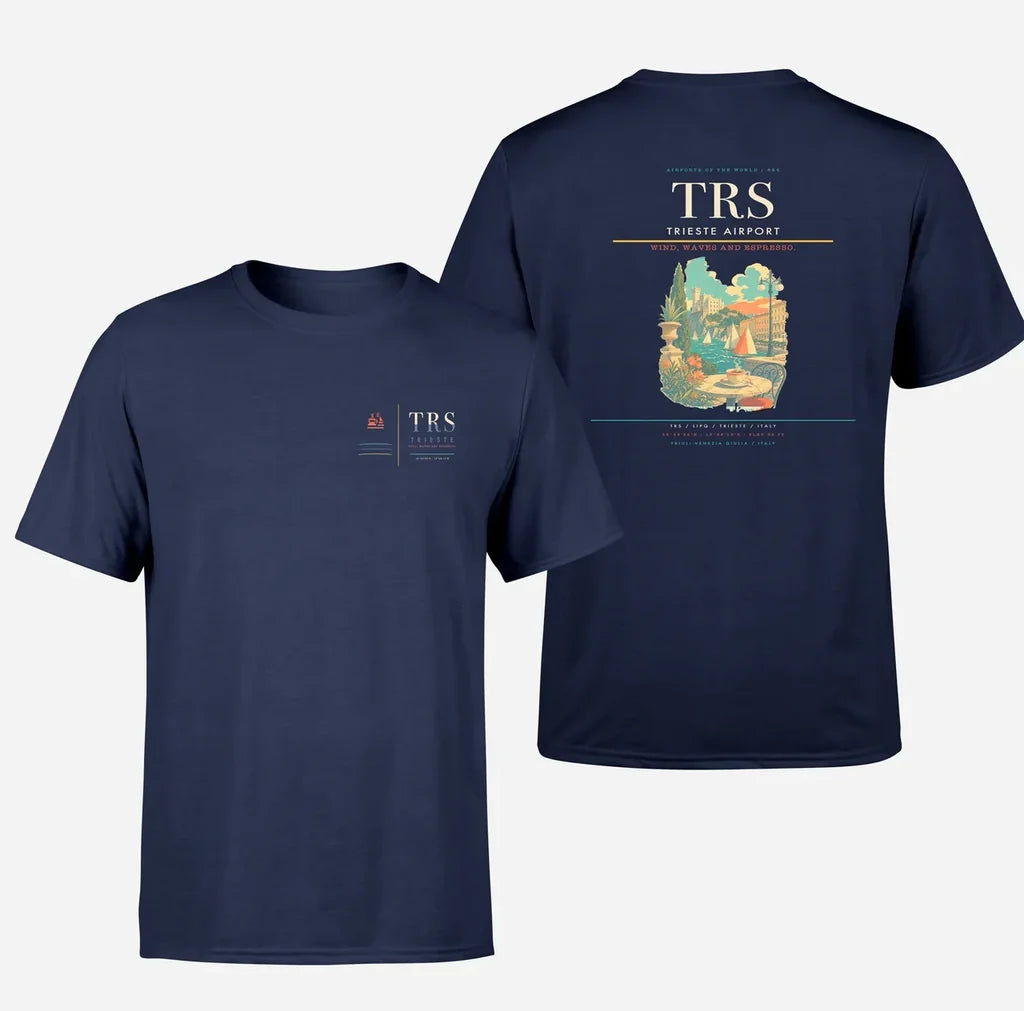 Trieste Airport (TRS) design printed on navy blue double-side t-shirt