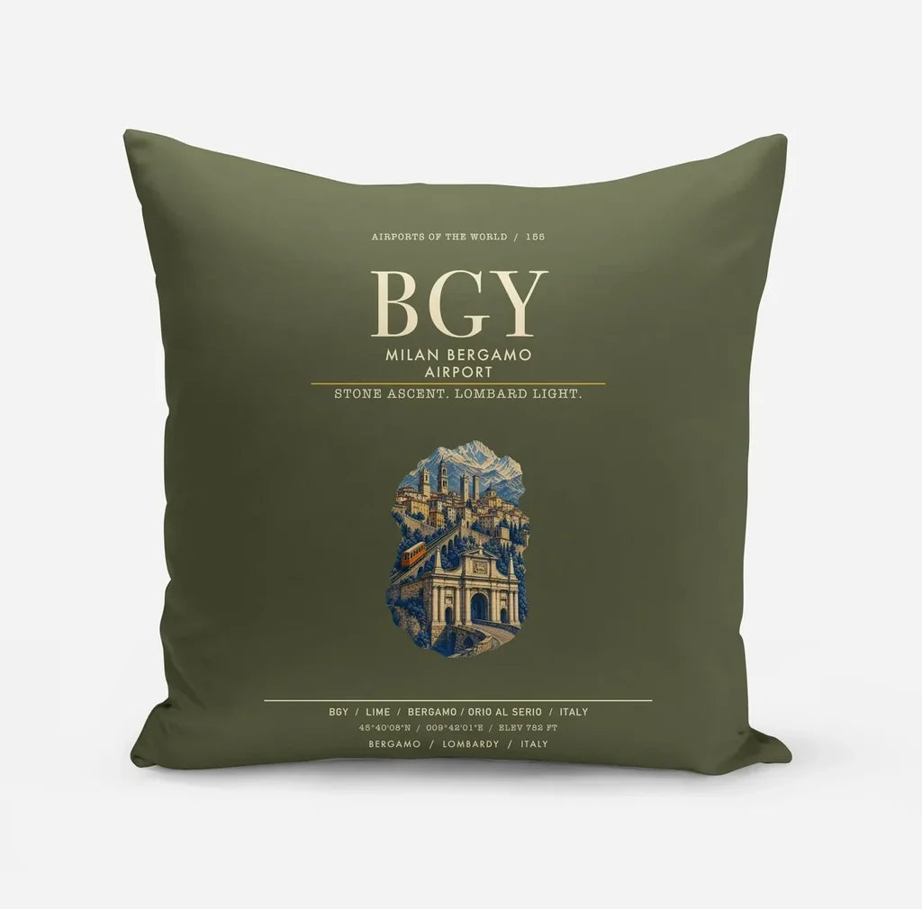Milan Bergamo Airport (BGY) design on green army pillow