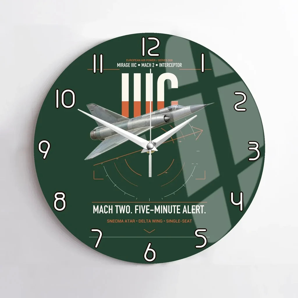 Dassault Mirage IIIC design on dark green no frame wall clock