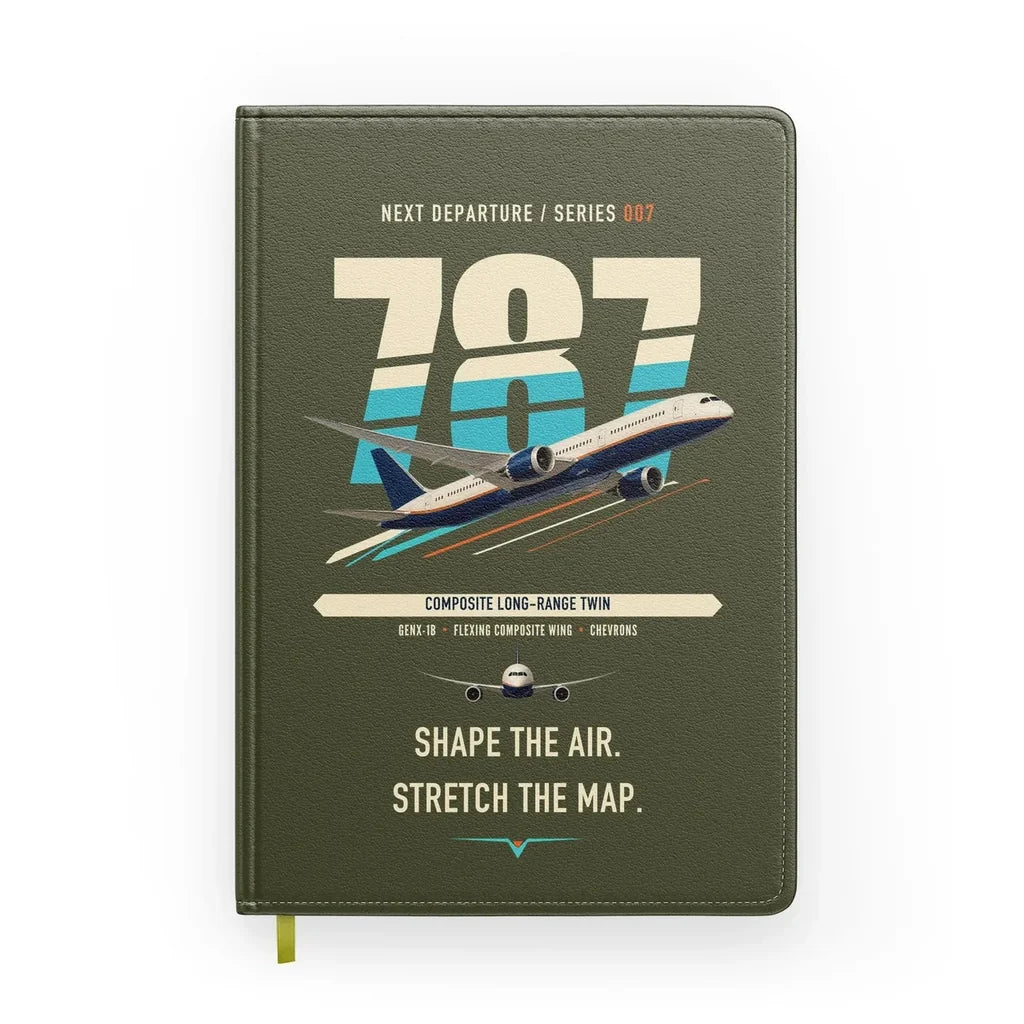 Boeing 787-9 Dreamliner design on green army notebook