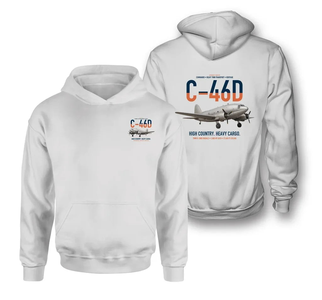 C-46D Commando design on white double-side hoodie, double-side print