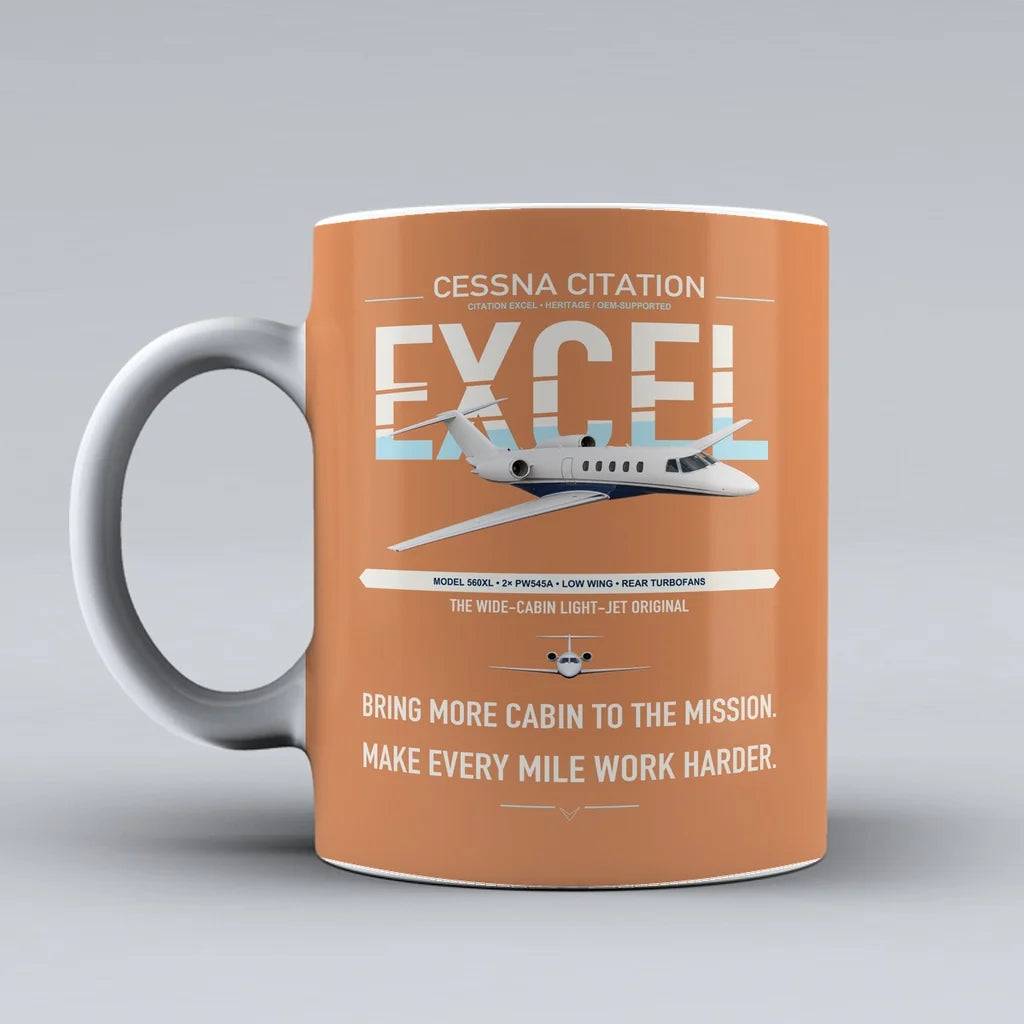 Cessna Citation Excel design on orange ceramic mug, double-side print
