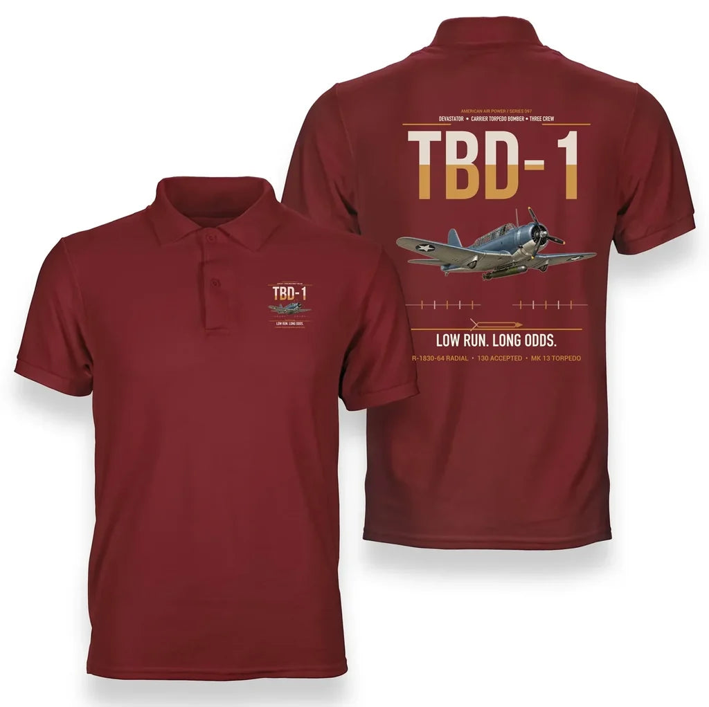 TBD-1 Devastator design on red double-side polo t-shirt, double-side print