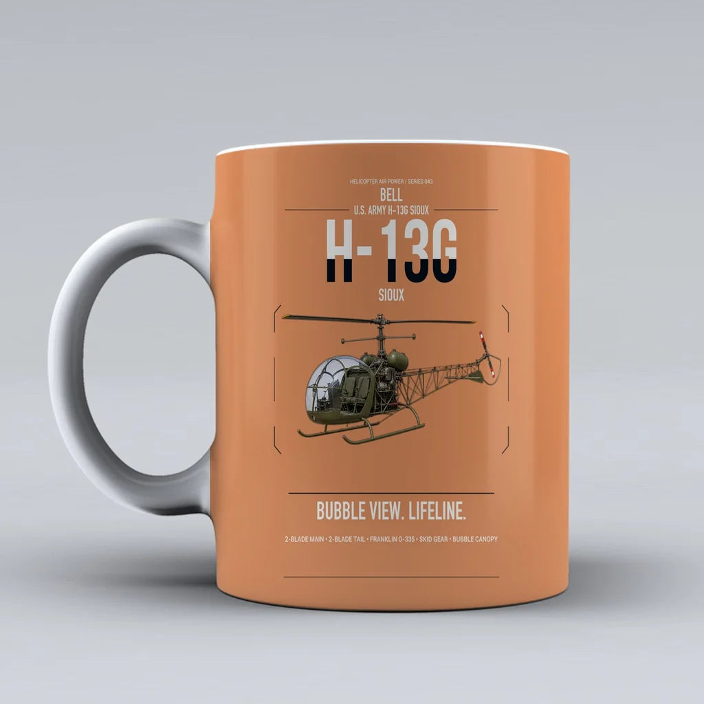 Bell H-13G Sioux design on orange ceramic mug, double-side print