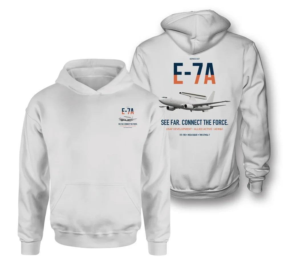 E-7A Wedgetail design on white double-side hoodie, double-side print