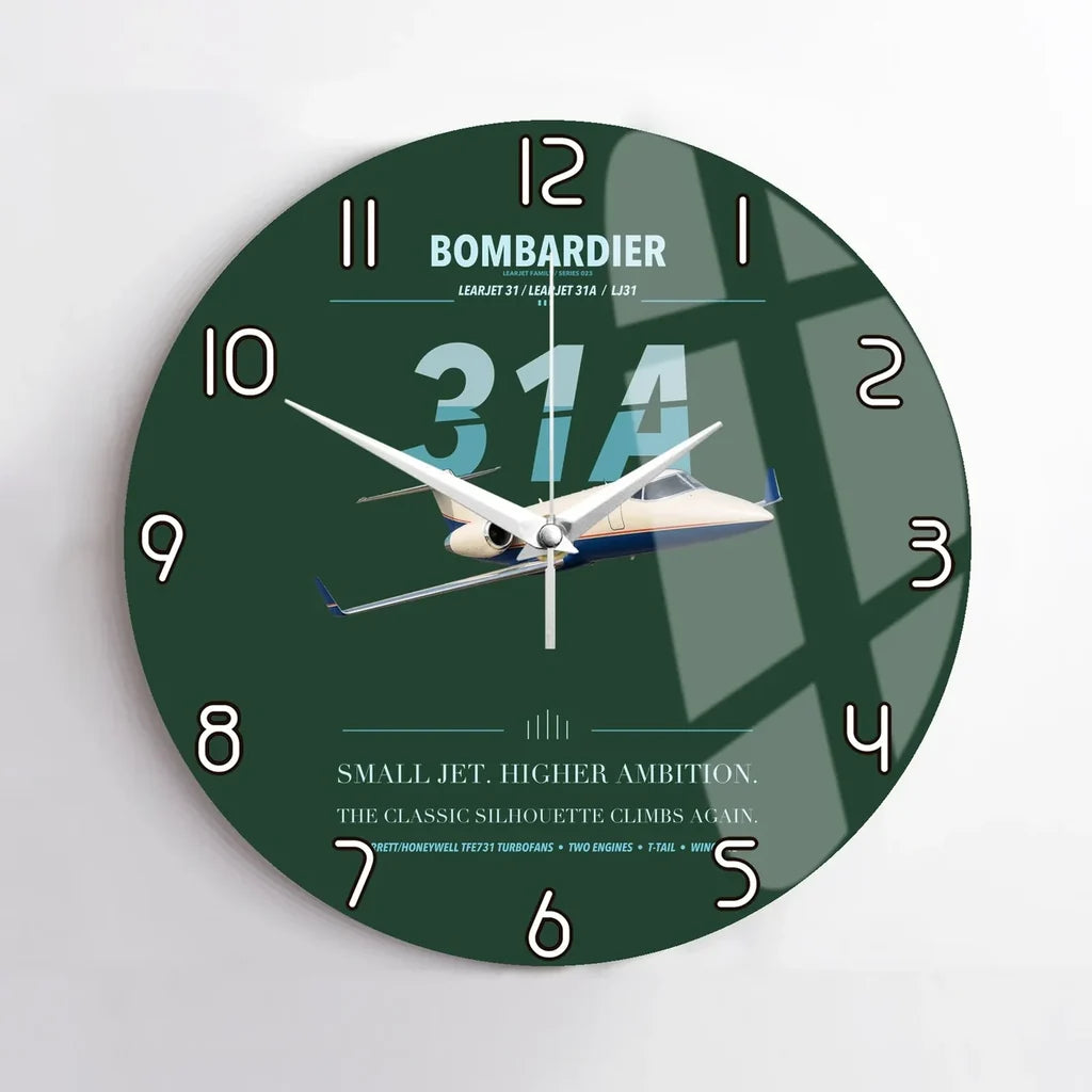 Bombardier Learjet 31A design on dark green no frame wall clock