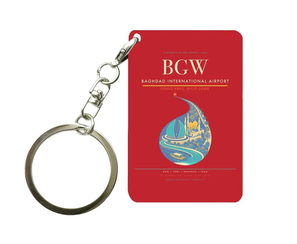 Baghdad International Airport BGW Key Chain design on red key chain