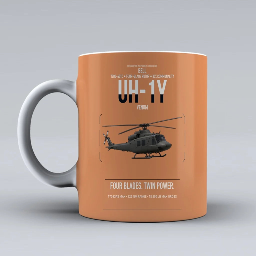 Bell UH-1Y Venom design on orange ceramic mug, double-side print