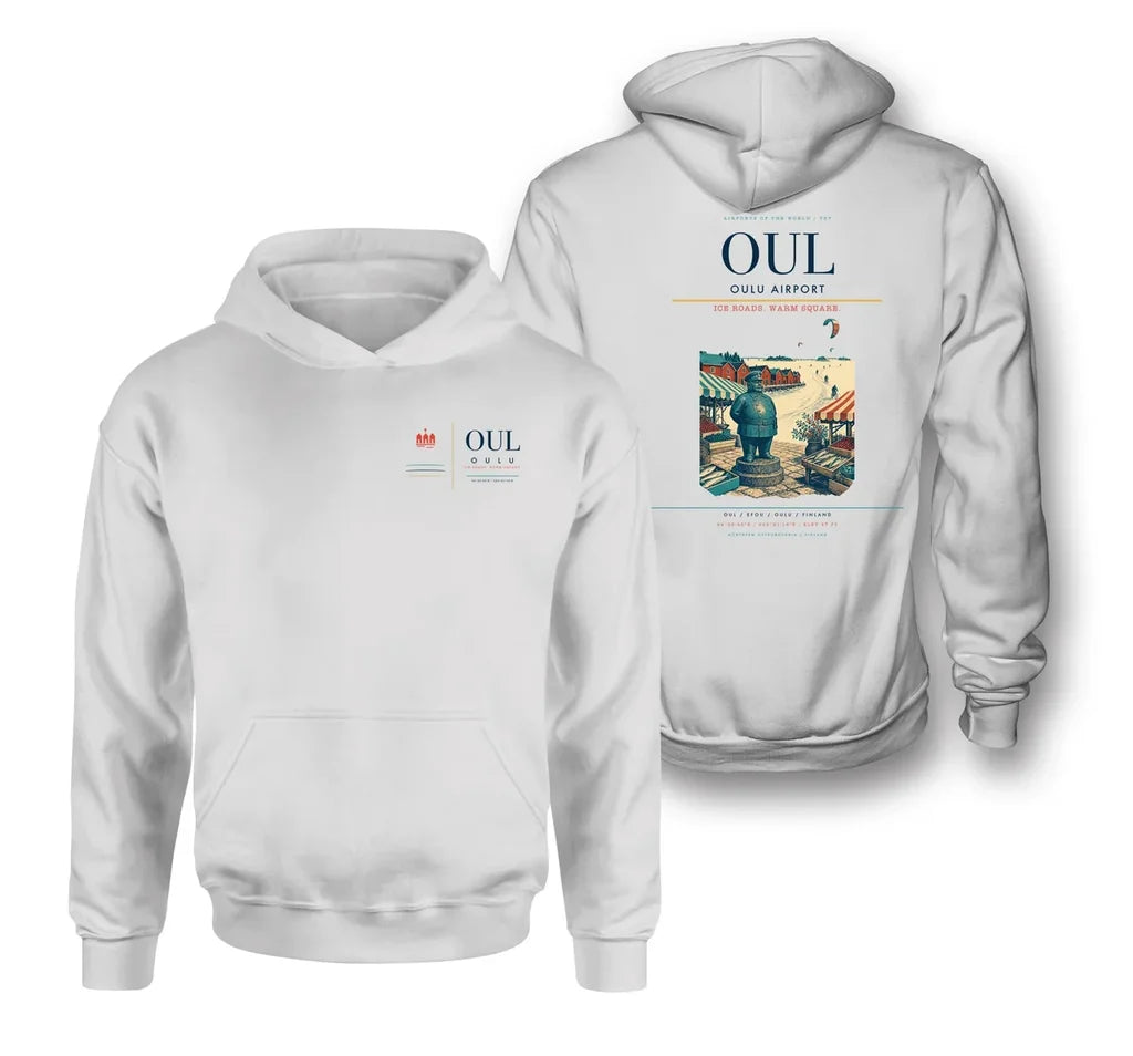 Oulu Airport (OUL) design on white double-side hoodie
