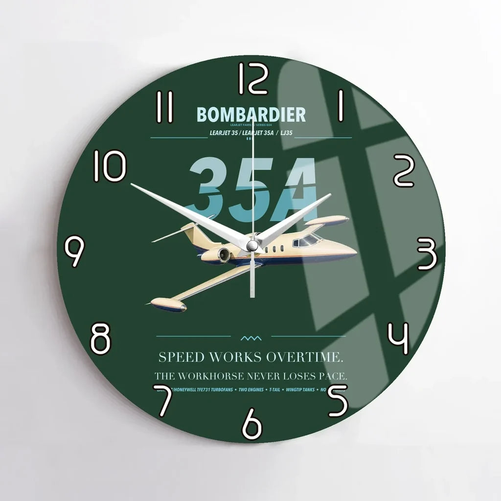 Bombardier Learjet 35A design on dark green no frame wall clock
