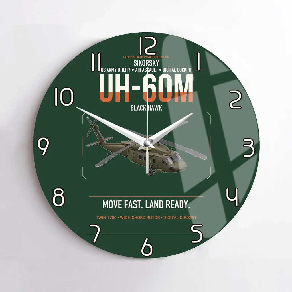 Sikorsky UH-60M Black Hawk design on dark green no frame wall clock
