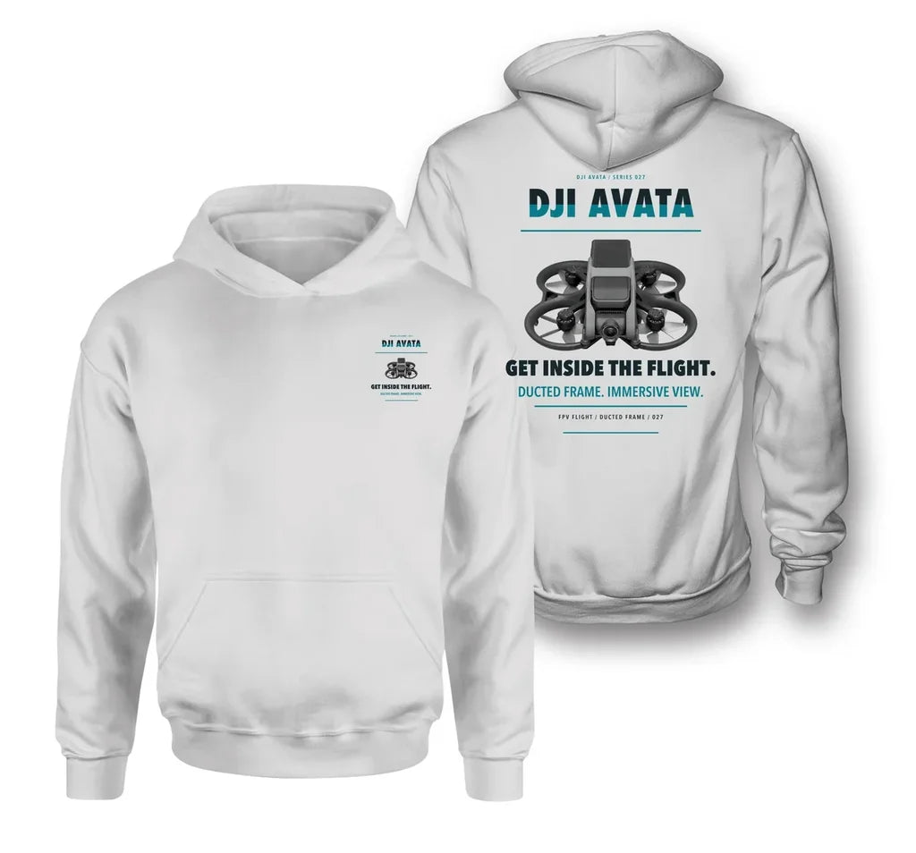 DJI Avata design on white hoodie