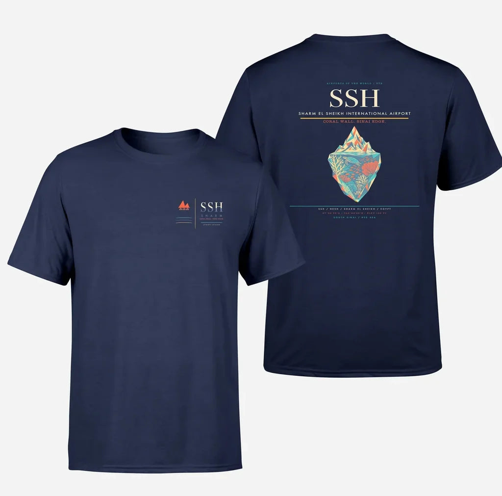 Sharm El Sheikh International Airport (SSH) design printed on navy blue double-side t-shirt