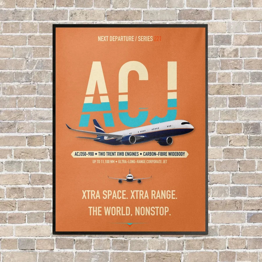 Airbus ACJ350 / exact ACJ350-900 vertical canvas print - framed - orange background