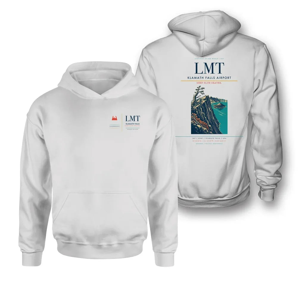Klamath Falls Airport (LMT) design on white double-side hoodie