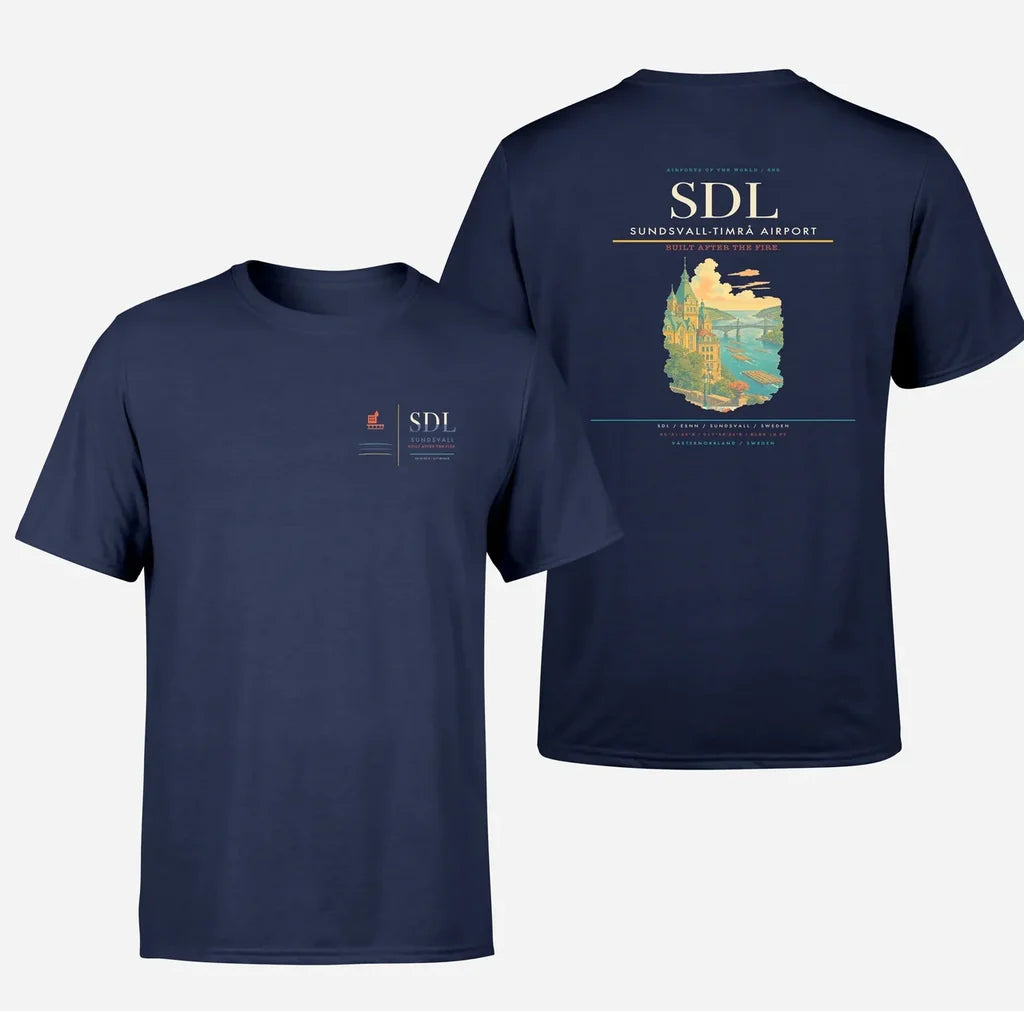 Sundsvall-Timrå Airport (SDL) design printed on navy blue double-side t-shirt