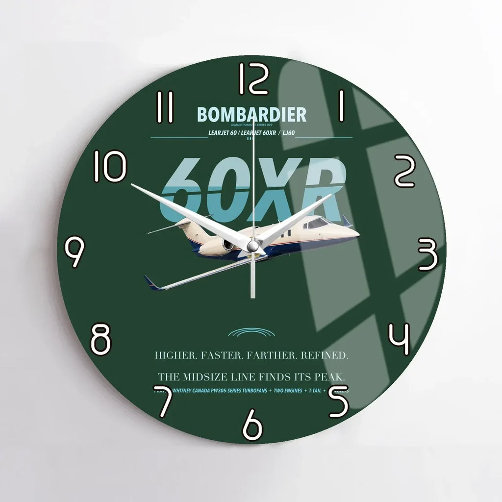 Bombardier Learjet 60XR design on dark green no frame wall clock